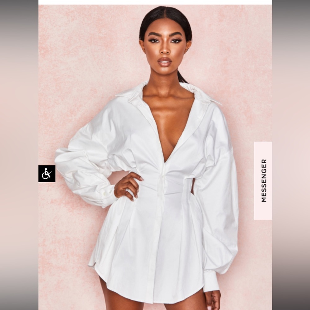 House of CB 'Maddalena' White Cinched Waist Shirt Dress